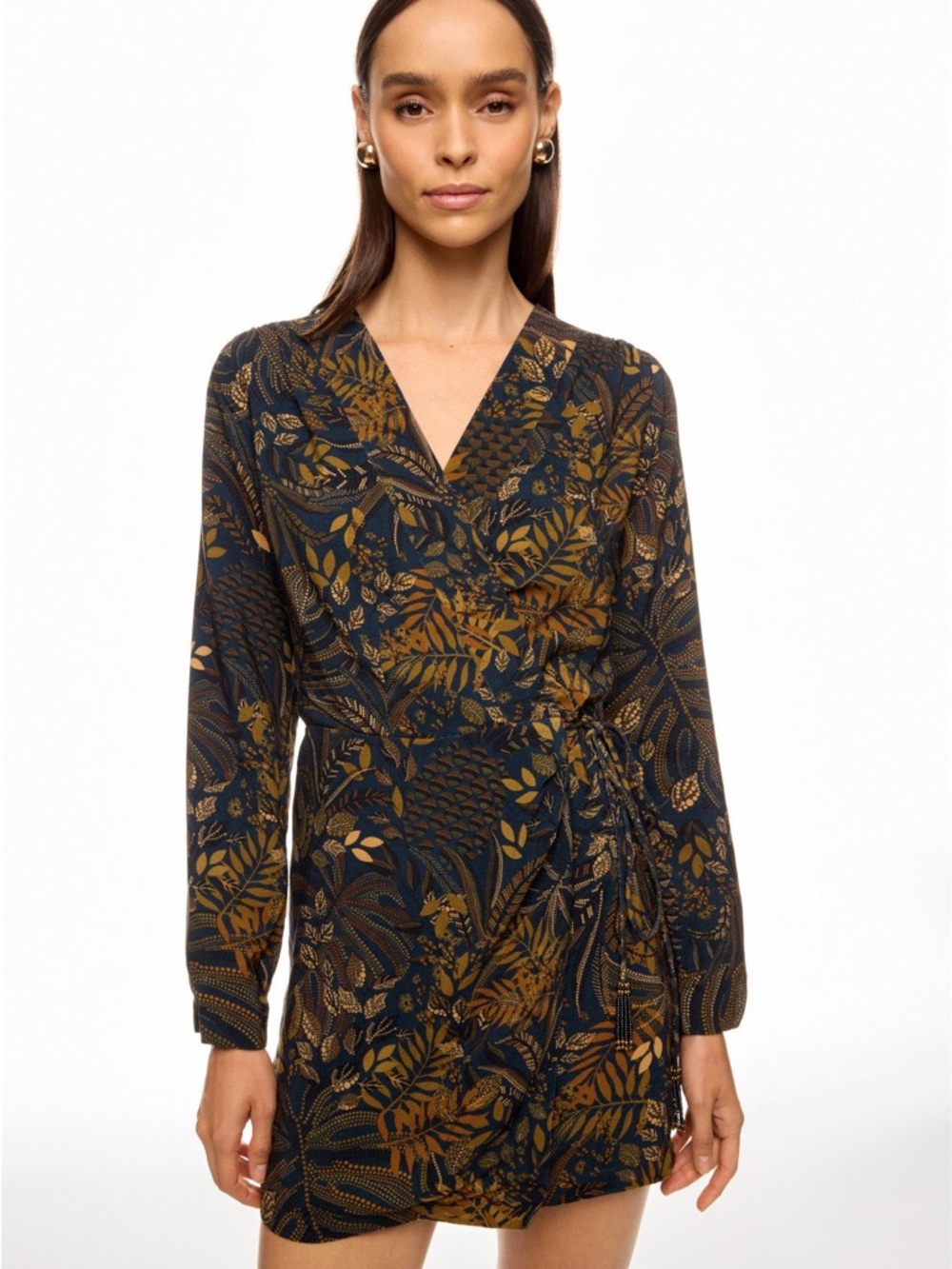 FARM Rio Navy Wrap Dress with Mustard Leaf Print